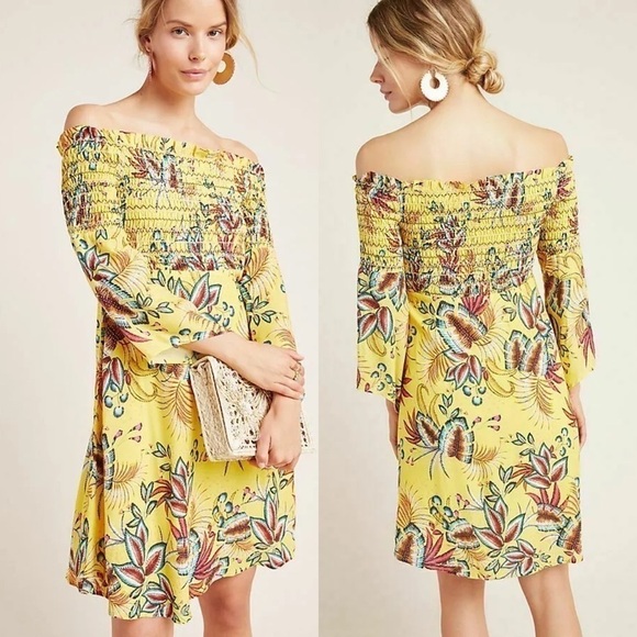 Farm Rio Dress Bria Smocked Mini Floral Off-Shoulder Yellow Multi XS EUC - Picture 1 of 8